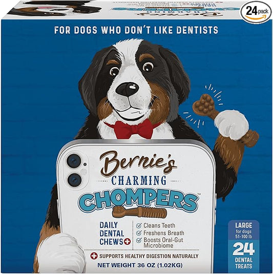 Bernie's Charming Chompers - Daily Dental Chews for Dogs 51-100 Lbs. - 24 Count - Cleans Teeth, Freshens Breath, + Boosts Oral-Gut Microbiome. Easy to Digest, Supports Healthy Digestion Naturally