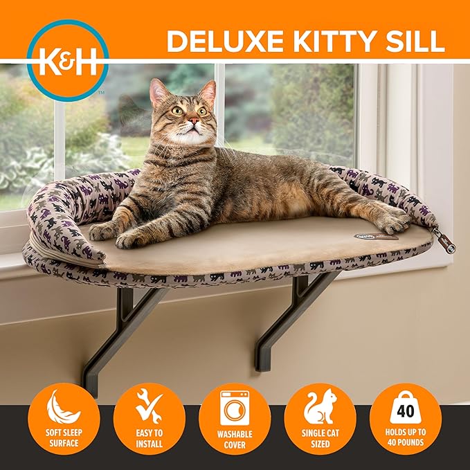 K&H Pet Products Bolster Kitty Sill Cat Window Perch Bed for Large Cats, Orthopedic Window Hammock Holds 40 lbs, Washable Cover, Indoor Windowsill Furniture Bed Seat - Tan/Kitty Unheated 14 X 24in