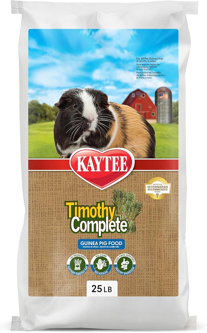 Kaytee Timothy Complete Guinea Pig Food, Made with Timothy Hay, High in Fiber, Supports Dental Health and Digestion, Long-Lasting Vitamin C, 25 Pounds
