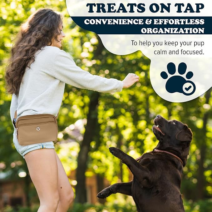 Puppington 3-in-1 Crossbody Dog Walking Bag & Dog Treat Pouch for Pet Training - Matching Compostable Poop Bags, Built-In Poop Bag Dispenser & Slow-Feeding Travel Bowl (Latte Beige)