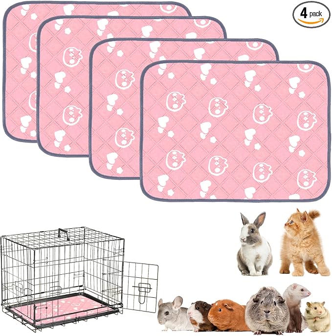 4 Pack Guinea Pig Bedding - Washable Guinea Pig Cage Liners, Waterproof Reusable & Anti Slip Pee Pads Super Absorbent Mats for Small Animals Pet Rabbit Bunny Hamster Rat (Pink, 24 x 18 Inch)