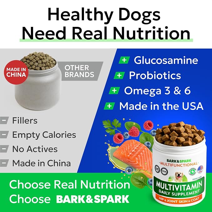 BARK&SPARK Dog Multivitamin Chews Glucosamine Chondroitin with Omega 3, Digestive Enzymes & Probiotics | Vitamins and Supplements for Dogs Pet Skin & Coat & Joint & Gut Health Support - 240ct