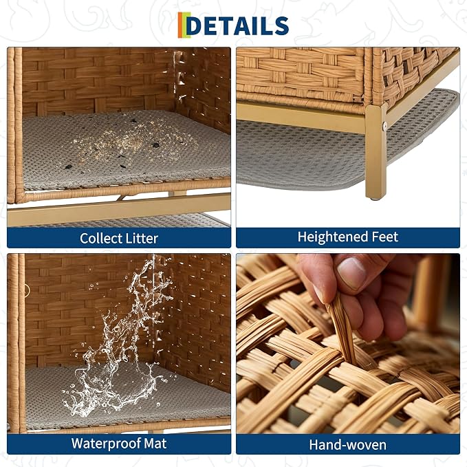 Rattan Litter Box Enclosure Double Cat Hidden Litterbox Furniture with Removable Litter Mat,Ball & 2 Hooks, Natural Cat House End Table, Easy Assembly, 47.2" l x 19.7" w x 23.6" h Natural