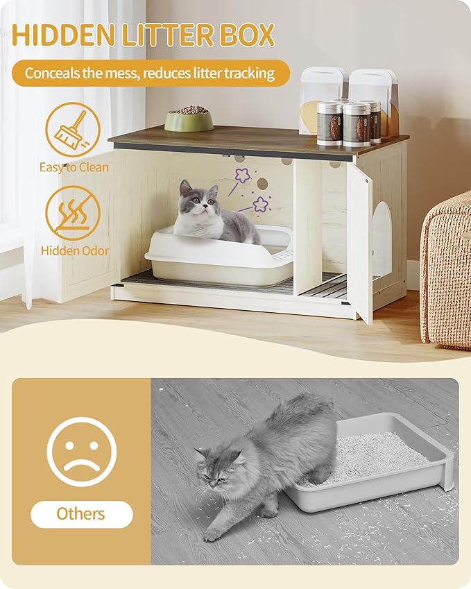 Hzuaneri Cat Litter Box Enclosure with Cushion, Hidden Litter Box Furniture with Removable Dividers, Reversible Entrance Left or Right Side,Cat House, Rustic White and Brown CB84714X