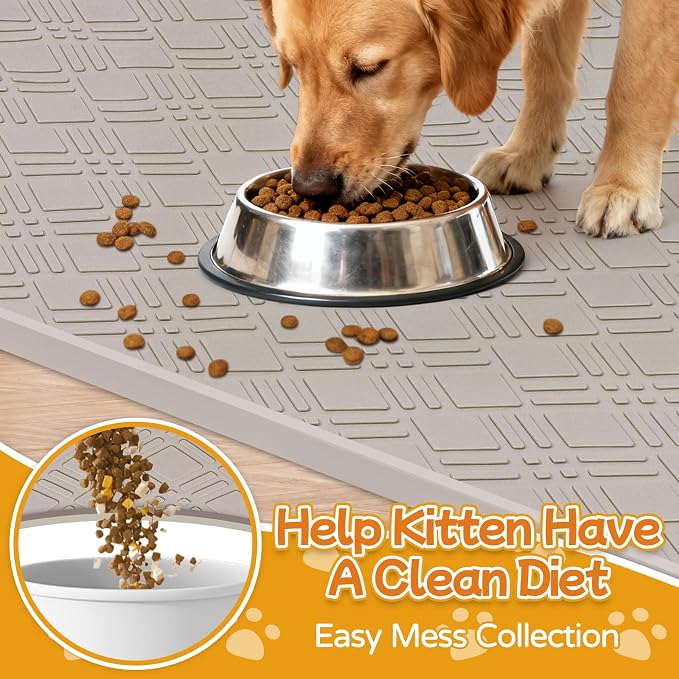 Dog Food Mat, 42" x29" Large Silicone Mat Dog Feeding Mat with Raised Edge Non-Slip Pet Feeding Mat for Food and Water Bowl, Easy to Clean, Floor Protection (Beige)