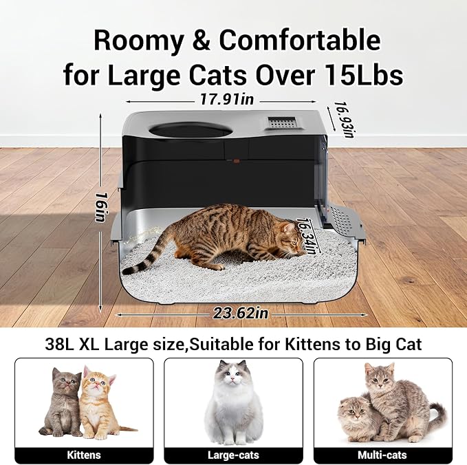 Stainless Steel Cat Litter Box with Lid, Extra Large Cat Litter Box for Large Cats, Metal Litter Boxs with High Sided Enclosed and Scoop, Easy to Clean, Top Entry, Odor Control, Black