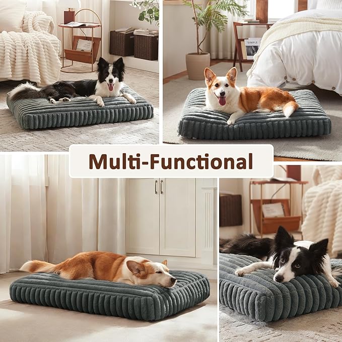 Dog Bed for Large Dogs, Orthopedic Dog Beds Washable with Removable Cover, Extra Thick Crate Bed Pet Mat with Shredded Chopped Foam & Anti-Slip Bottom, 35"x23"x4", Grey