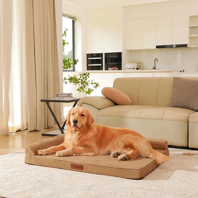 Rainmr Orthopedic Dog Bed for Large Dogs, 41"x27"x6" Memory Foam Pet Bed with Washable Microsuede Cover, TPU Waterproof Liner & Nonskid Bottom, for Indoor, Outdoor, Crate ＆ Car Use, Khaki