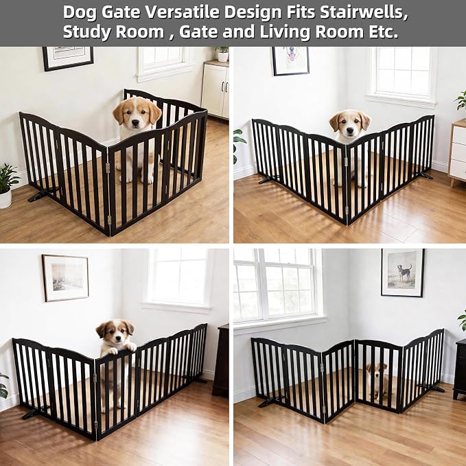 ZJSF Foldable Freestanding Indoor Dog Gate for House Wood White Long Pet Gates Dog Fence for Stairs Puppy Gates for Hallways, Puppy Gate,Support Feet Included, Black, 24 "Height-6 Panels