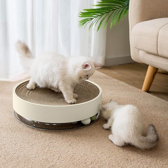 Cat Scratcher Bed Round 3-in-1 Cat Scratcher Toy with Track Ball, Cardboard Cat Scratcher Lounge & Bed, Interactive Cat Toy for Indoor Cats, Durable Scratching Pad with 2 Spinning Balls