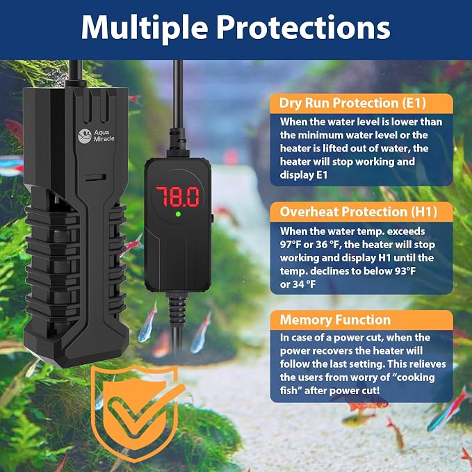 AquaMiracle Submersible Aquarium Heater with LED Digital Temp Display, Fish Tank Heater with Dry-Run & Over-Temp Protection, for Freshwater Saltwater Aquariums(100W/10-20Gal)