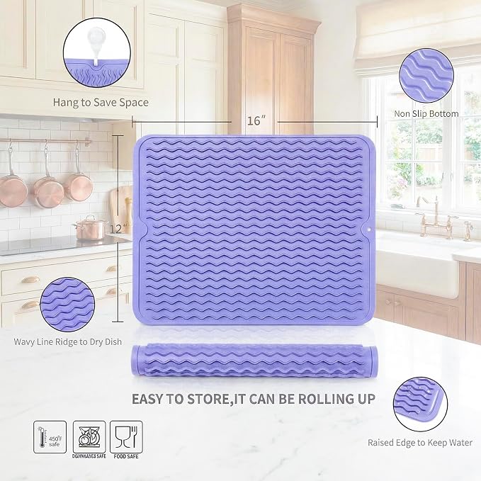MicoYang Silicone Dish Drying Mat — Quick-Dry Ridges Counter & Sink Pad, Heat-Resistant Trivet to 450°F, Non-Slip & Dishwasher Safe, Roll-Up Storage, 18 Colors & 9 Sizes (Light Purple, 16"×12")