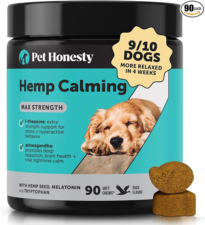 Natural Hemp Calming Chews for Dogs, Maximum Strength Stress Support for Anxiousness with Melatonin & Valerian Root, Non-Sedating Dog Relaxing Chews for Separation, Thunder & Vet Visits – Duck (90 Ct)