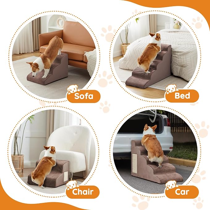 Pet Stairs, Dog Stairs for Small Dogs, Dogs Steps, 3-Step Curved Dog Ramp for Bed, Couch, Sofa, Car and Chair, Non-Slip Bottom Design, Cat Scratching Board, High Density Foam Portable Pet Step, Coffee