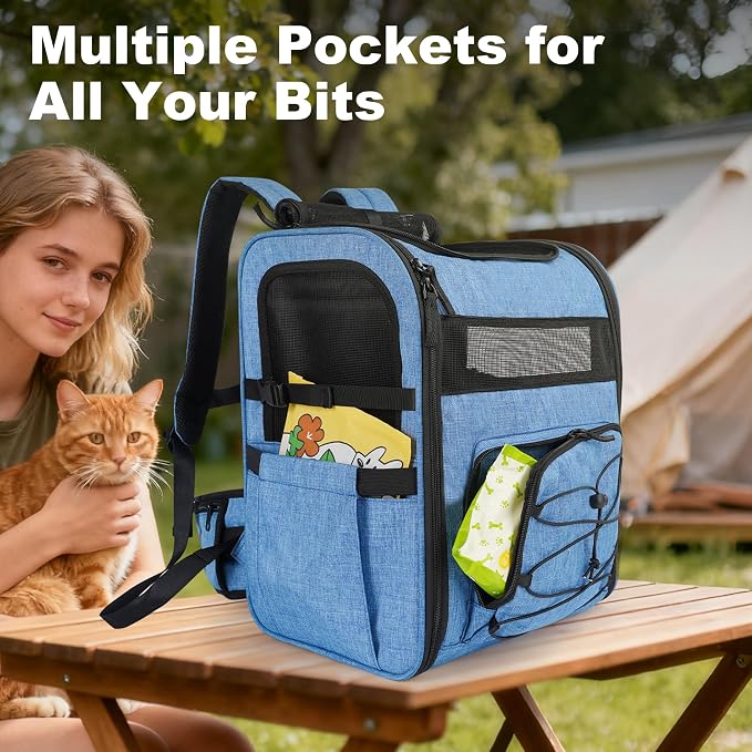 Dog Carrier Backpack for Small Dogs - Breathable Mesh Hiking Bag with Safety Buckle, Adjustable Straps and Standard Pad - Durable for Hiking (Fits Small Cats Too, Up to 17lbs, Blue)