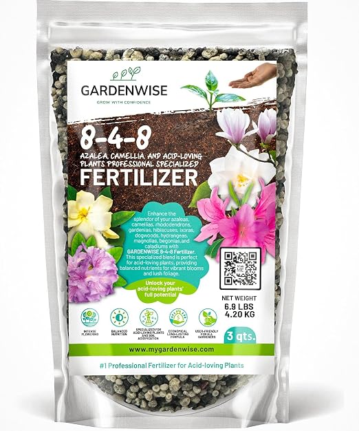 GARDENWISE 8-4-8 Acidic Fertilizer for Azaleas, Camellias (Camelia), Hydrangeas, Blueberries, Gardenias, Magnolia Trees, Evergreens, and Rhododendrons - Ideal Iron-Rich Plant Food (3 QUARTS)