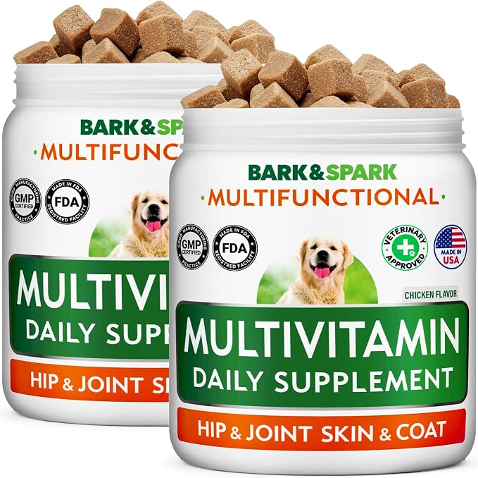 BARK&SPARK Dog Multivitamin Chews Glucosamine Chondroitin with Omega 3, Digestive Enzymes & Probiotics | Vitamins and Supplements for Dogs Pet Skin & Coat & Joint & Gut Health Support - 240ct