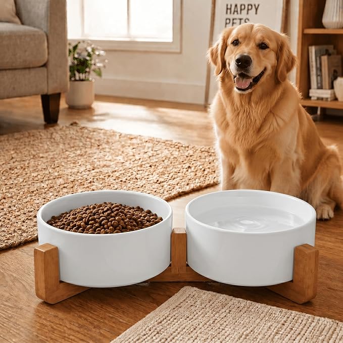 SPUNKYJUNKY Ceramic Dog and Cat Bowl Set with Wooden Stand, Modern Cute Weighted Food Water Bowl Set for Medium to Large Size Dogs (42 OZ, 2 × White)