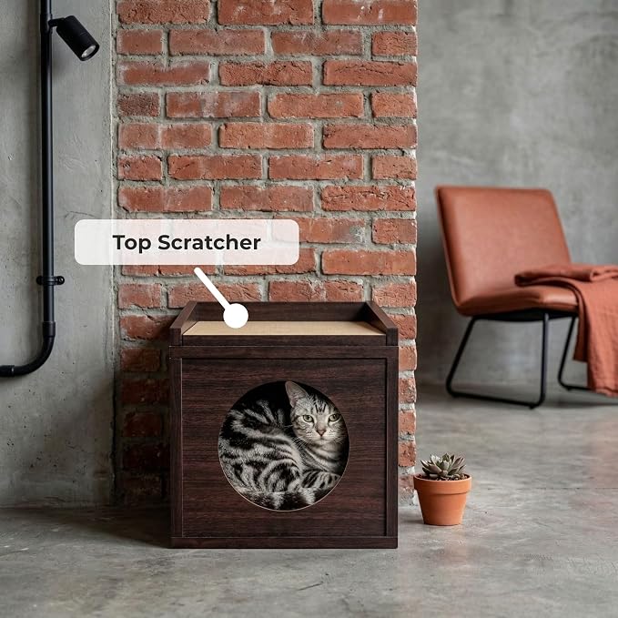 Meowdium Cat House for Indoor Cats – Cat Condo with 5X Longer-Lasting Cardboard Scratcher, 2 Scratcher Levels, Hideout & Top Lounge, Espresso