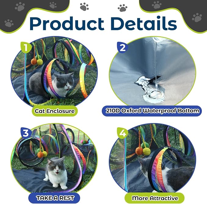 CypherX Outdoor Rainbow Cat Enclosure, 7-in-1 Portable Pop Up Cat Tents and Tunnels for Outside, Outdoor Catio Mesh Pet Playpen House, Large Playground for Large Cats and Other Animals