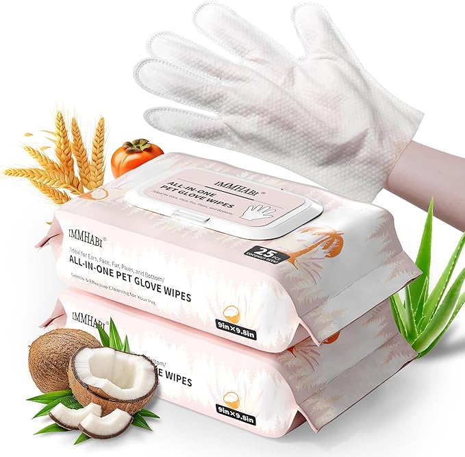 IMMHABI 50 Count Cleaning Deodorizing Pet Glove Wipes for Dogs & Cats, Hypoallergenic Dog Bath Wipes with Natural Deodorizer Persimmon Tannin, Pet Bathing Wipes for Horse Coat Care Coconut Scent