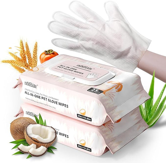 IMMHABI 50 Count Cleaning Deodorizing Pet Glove Wipes for Dogs & Cats, Hypoallergenic Dog Bath Wipes with Natural Deodorizer Persimmon Tannin, Pet Bathing Wipes for Horse Coat Care Coconut Scent