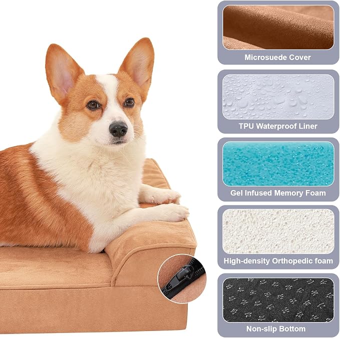 Rainmr Orthopedic Dog Bed for Large Dogs, 36"x27"x6" Memory Foam Pet Bed with Washable Microsuede Cover, TPU Waterproof Liner & Nonskid Bottom, for Indoor, Outdoor, Crate ＆ Car Use, Khaki