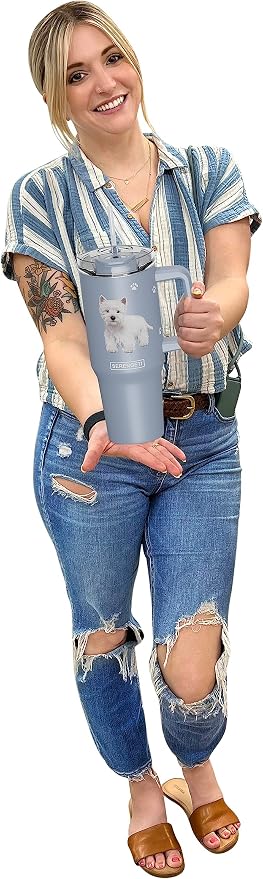 E&S Pets SERENGETI 40 Oz Ultimate Tumbler with Handle and Straw - Vacuum Insulated Tumbler with Straw and Lid - Stainless Steel Travel Mug for Pet Lovers - 3D Designs of your favorite Dog (Westie)