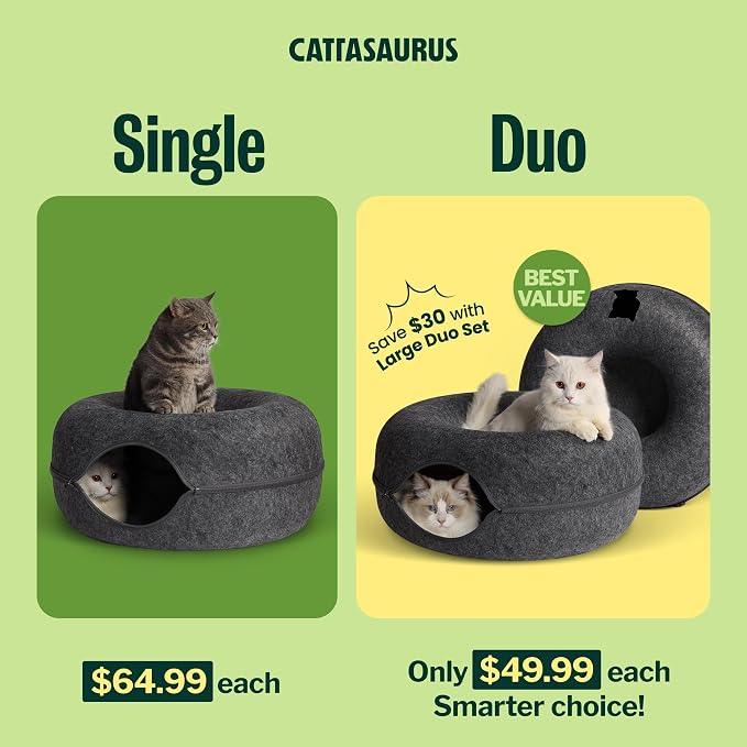 Cattasaurus Peekaboo Cat Cave Donut for Multiple & Large Cats up to 30-45 lbs, 3-in-1 Self Warming Cat Bed, Tunnel & Scratcher for Indoor Cats, Washable & Detachable (Dark Gray + Dark Gray, Large)