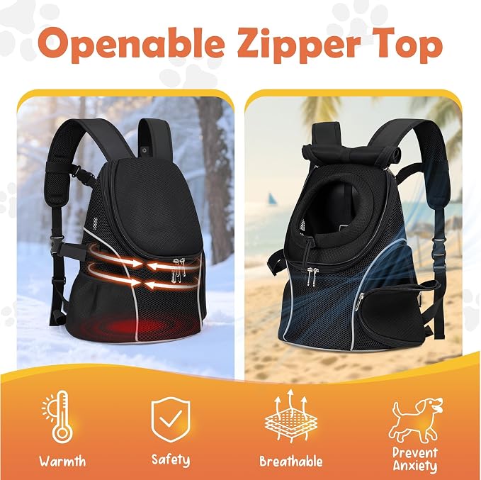 WOYYHO Pet Dog Carrier Backpack with Top and Side Windows, Small Dog Front Backpack Ventilated Mesh Dog Back Pack with Safety Belt for Travel Hiking Outdoor Adventures (Size L: 10-14 lbs, Black 2.0)