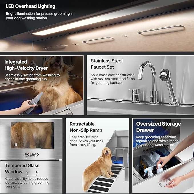 POLIMO Dog Washing Station with Built-in Pet Dryer and LED Display 61" (Left Ramp), 304 Stainless Steel Dog Bathtub for Large Medium Small Dogs, Wash and Dry Grooming Tub with Faucet, Storage Drawer