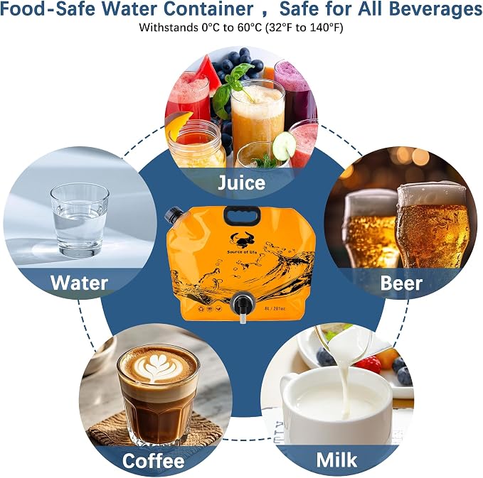Water Jug Camping 2.1 Gallon Collapsible with Spigot, BPA Free Portable Water Pouch Foldable Water Bags for Outdoor Hiking, Travel and Emergency & Water Storage Containers (Orange-4Pcs)