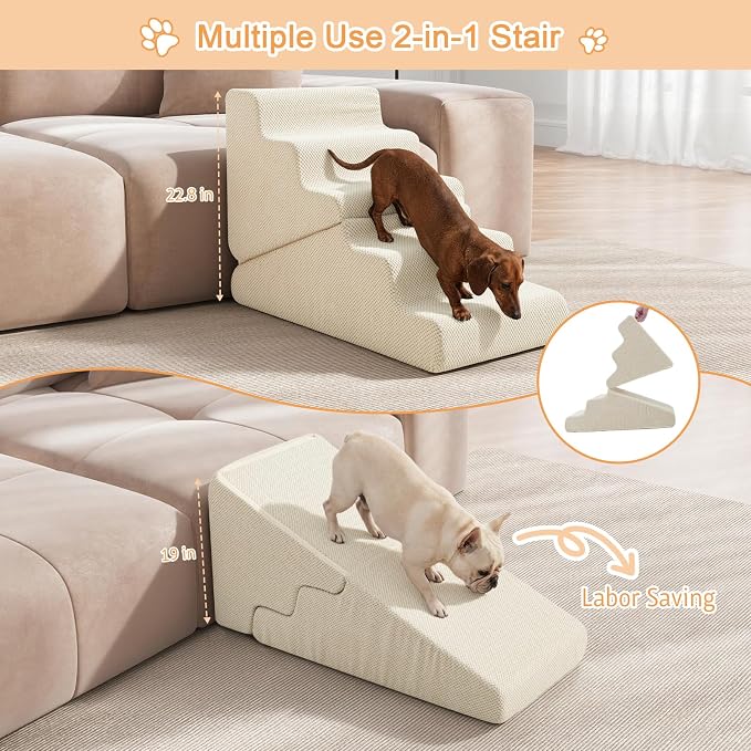 Dog Ramp for Bed, Extra Wide 20" Width Dog Stairs for High Bed, 2 in 1 Pet Steps for Small Dogs, 4-Step Foldable Transformable Large Cats Ramp to Get on Couch, Non-Slip Balanced, Beige