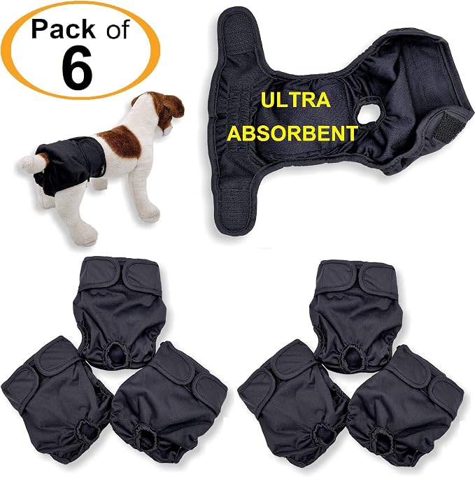 Pack of 3 or 6 Female Dog Diapers with 4 - Layers of Absorbent Pads Cat Panties Waterproof Leak Proof Washable (L: Waist 20" - 26", Pack of 6 Black)