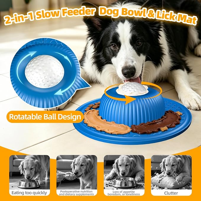 2-in-1 Dog Slow Feeder Bowl & Lick Mat with 2 Rotatable Balls, No-Slip Silicone Anxiety Relief Treat Mat for Dogs & Cats, Dishwasher Safe (Blue)