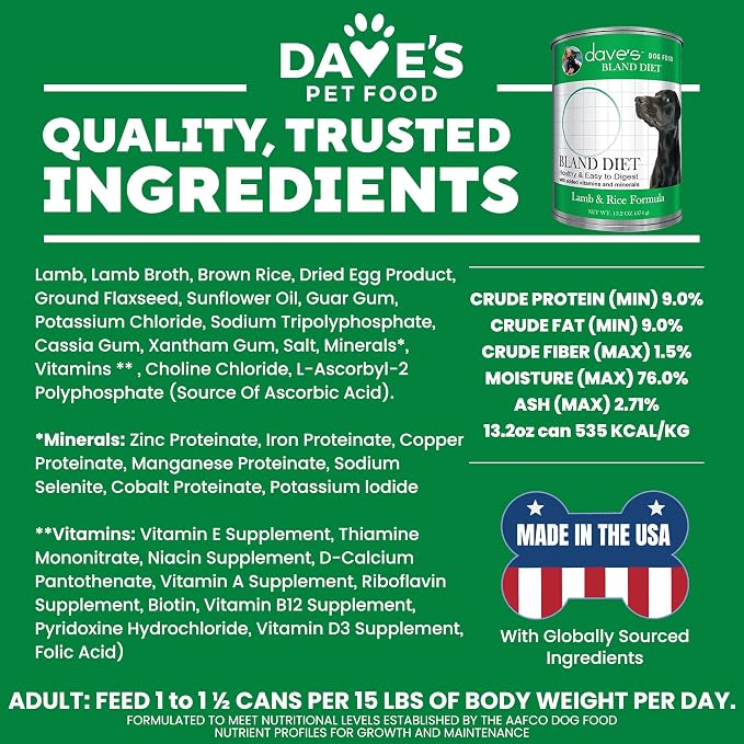 Dave's Pet Food Bland Dog Food for Sensitive Stomachs (Lamb & Rice), Limited Ingredient, Gluten & Wheat Free, Easy to Digest, Canned Wet Meal or Topper, 13.2 oz (12 Pack)