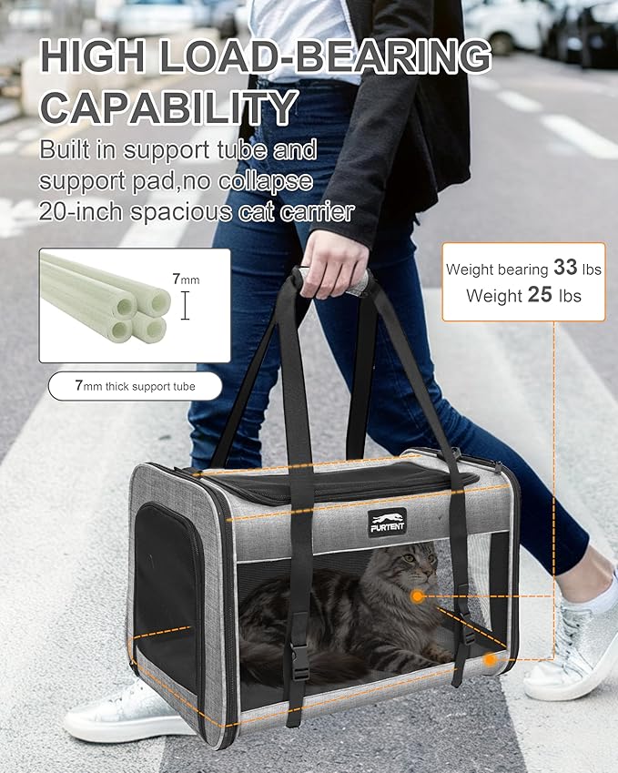 Soft-Sided Large Cat Carrier for 2 Cats, Spacious Foldable Pet Travel Carrier for Large Cats up to 25 Lbs, Double Cat Bag with Shoulder Strap, 20x13x13 Inch, Fits Maine Coon and Small Dogs, Grey