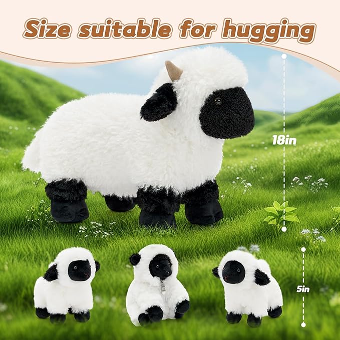 Tezituor 4Pcs Valais Blacknose Sheep Stuffed Animals Set, 18 Inch Large Mommy Stuffed Sheep Plush with 3 Cute Lamb Babies, Realistic Lamb Plushies Gift for Girls Boys Easter Birthday Decor