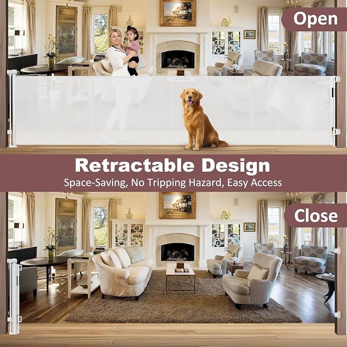 Reinforced 41" Tall Pet Gate 150" Extra Wide Retractable Dog Gate with Support Rods, Indoor Extra Long Baby Gates for Large Openings Outdoor Retractable Gate Baby Fence for Living Room, White
