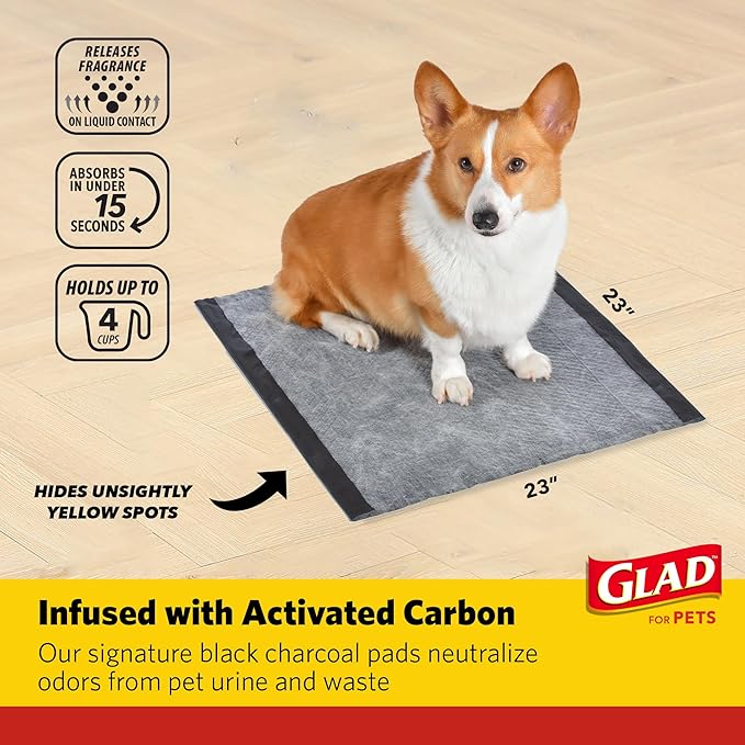 Glad for Pets Dual Action Freshness Activated Carbon Puppy Pads, Fragrance Release, Scented Odor Control, 6-Layer Leak-Proof, Pheromone Attractant, 23 x 23 Inch, 100 Count