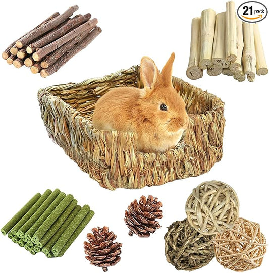 Hamiledyi Rabbit Grass Bed for Bunny, 21 Pcs Rabbit Chew Toys for Teeth Grinding Sweet Bamboo Timothy Stick Woven Grass Ball Pine Cone Natural Straw Bedding for Guinea Pig Hamster Chinchilla