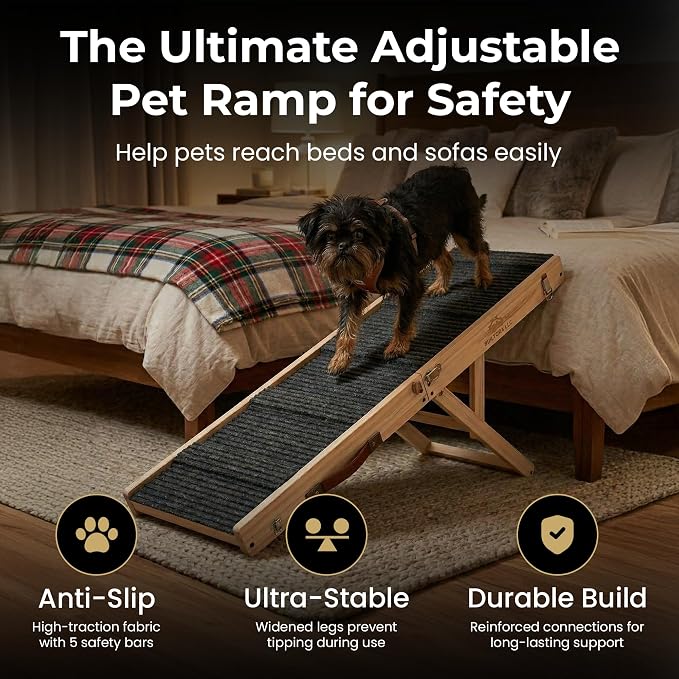 Dog Ramp for Bed & Couch, Foldable 4 Adjustable Dog Stairs for Small & Medium Dogs, Non-Slip Carpet Surface, Solid Pine Wood Dog Ramp for High Bed Sofa, Portable Dog Steps for Bed