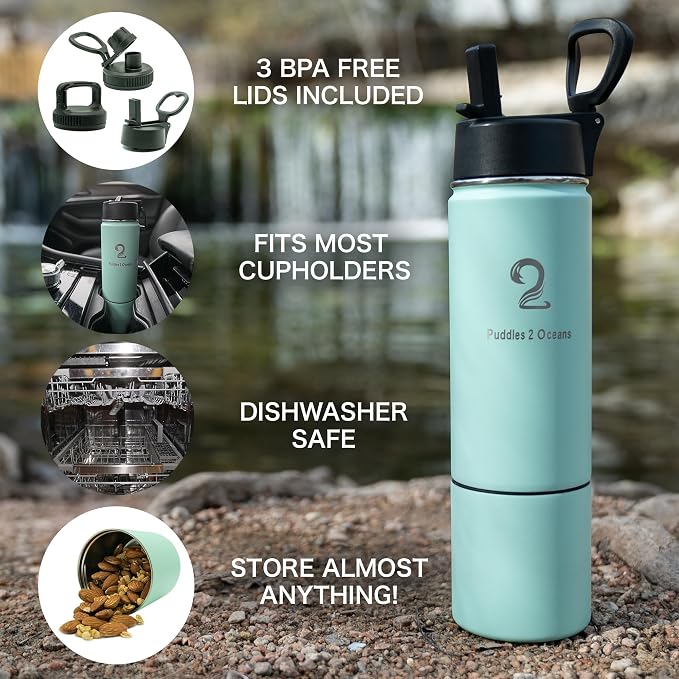 Insulated Water Bottle & Snack Container - Stainless Steel Water Bottle with Storage Compartment, 3 Lid Types BPA Free, Leak & Spill Proof Travel Bottle for Kids & Adults - Snack and Drink Cup