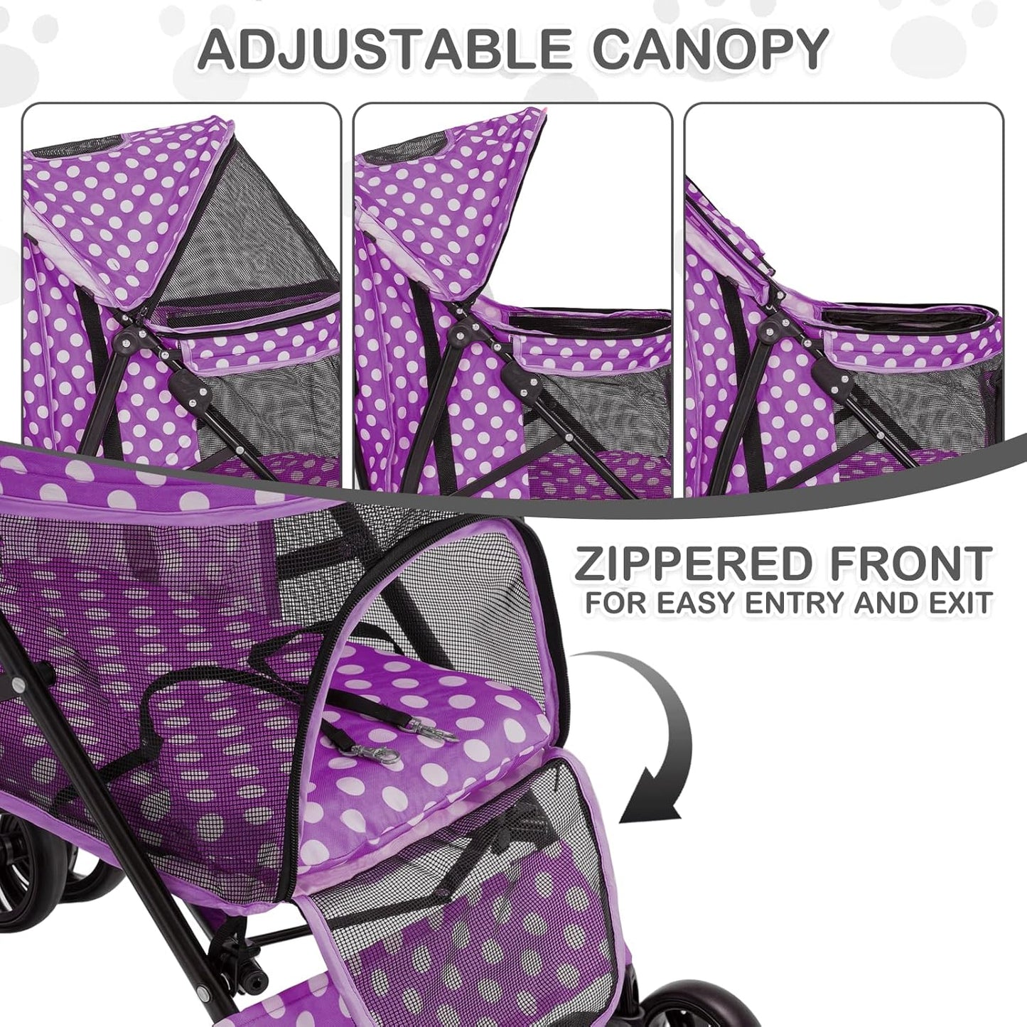 MoNiBloom 4 Wheels Pet Stroller, Easy-Fold Umbrella Shaped Dog Cat Jogger Stroller w/Storage Bag & Visible Mesh for Small/Medium Dogs Cats Purple Polka Dots