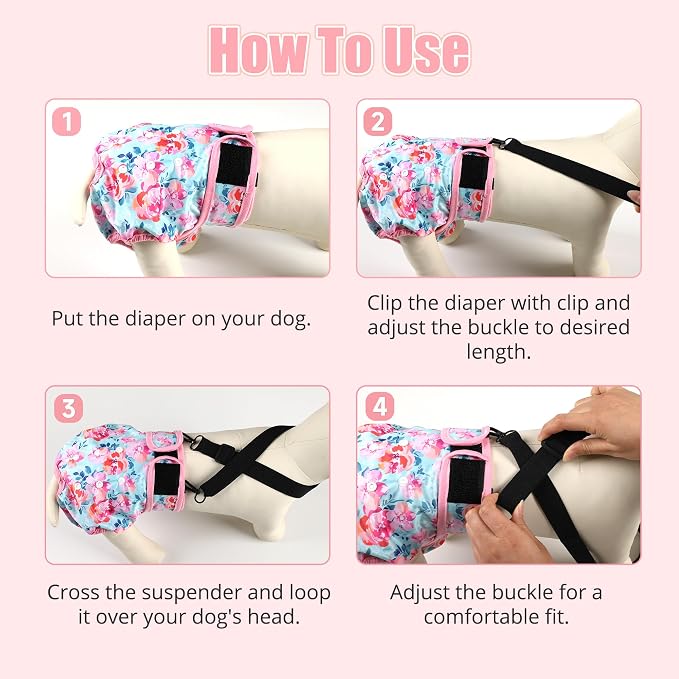 wegreeco Reusable Washable Dog Diapers Female with 1PC Suspender, Dogs Period Heat Diapers Female Heat Cycle, XL Medium Large Small Doggie Puppy Diapers for Incontinence (Medium)