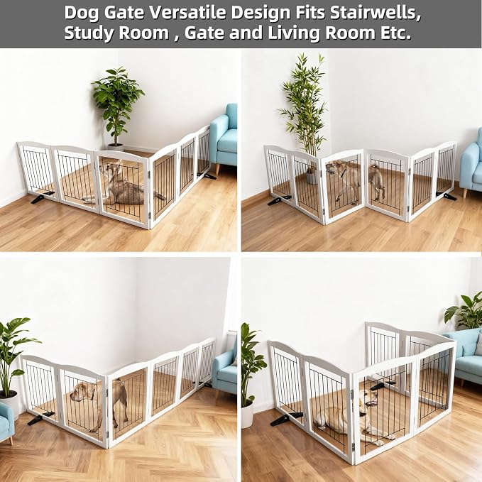 ZJSF Freestanding Dog Fence Indoor, Foldable Dog Gate for Doorways, Stairs or Hallways, Sturdy Wood Extra Wide Pet Gate with Support Feet for The House, White, 24 "Height-6 Panels