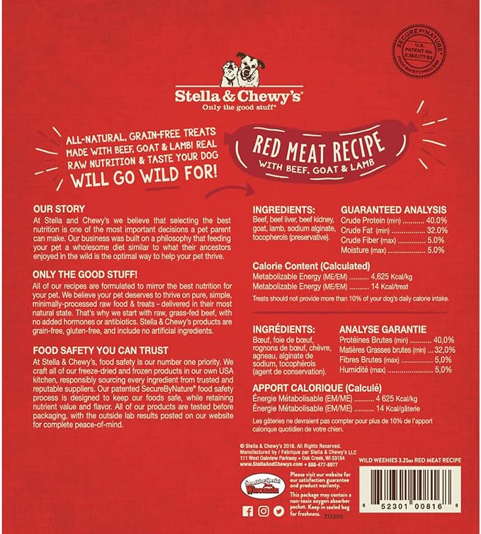 Stella & Chewy's Freeze-Dried Raw Wild Weenies Dog Treats - High-Protein Training Treats for Dogs & Puppies - All-Natural Red Meat Recipe with 97% Meat & Organs - USA Made - 3.25 oz Bag (Pack of 3)