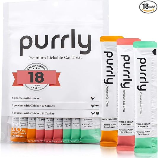 Purrly Lickable Wet Cat Treats Healthy Grain-Free Chicken Variety Pack (18 Count) Squeezable Creamy Purée with Human-Grade Protein Functional Nutrients Non-GMO No-Artificial-Additives Low-Phosphorus
