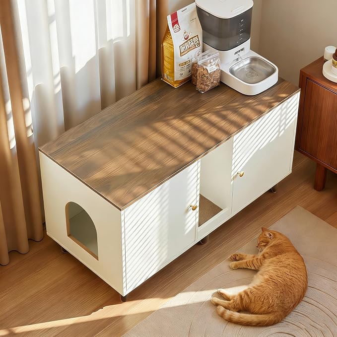 Double Cat Litter Box Enclosure - Hidden Litter Box Cabinet Furniture for 2 Cats Large with Scratching Pad, White