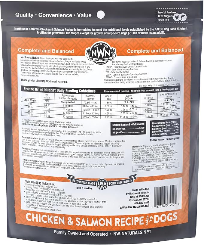 Northwest Naturals Freeze-Dried Chicken & Salmon Dog Food - Bite-Sized Nuggets - Grain-Free, High-Protein, Raw Diet, Human-Grade, Limited Ingredients, All Natural, Omega-3 for Skin & Coat - 12 Oz